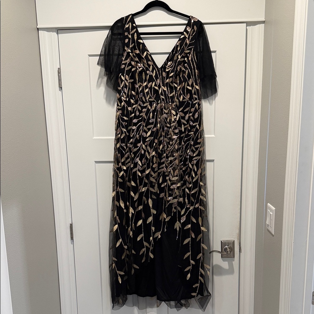 Ever Pretty Black Maxi Dress with Gold Leaf Embroidery